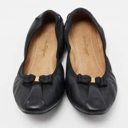 Pre Owned Salvatore Ferragamo Black Leather My Joy Scrunch Ballet Flats Size 40