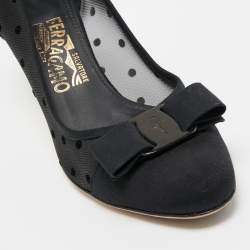 Pre Owned Salvatore Ferragamo Black Mesh and Canvas Vara Bow Pumps Size 38