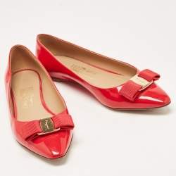 Pre Owned Salvatore Ferragamo Red Patent Leather Zeri Pointed Toe Ballet Flats Size 38