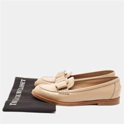 Pre Owned Salvatore Ferragamo Beige Leather Vivaldo Bow Loafers Size 39.5