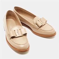 Pre Owned Salvatore Ferragamo Beige Leather Vivaldo Bow Loafers Size 39.5