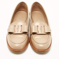 Pre Owned Salvatore Ferragamo Beige Leather Vivaldo Bow Loafers Size 39.5