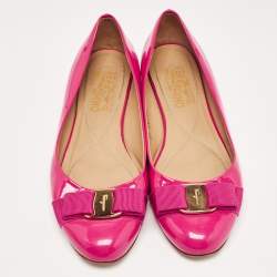 Pre Owned Salvatore Ferragamo Pink Patent Leather Vara Bow Ballet Flats Size 38.5