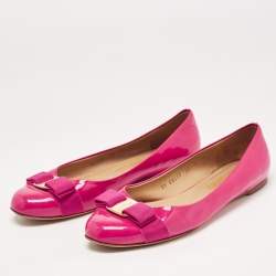 Pre Owned Salvatore Ferragamo Pink Patent Leather Vara Bow Ballet Flats Size 38.5