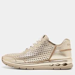 Salvatore Ferragamo Golden Perforated Leather Gils Sneakers Size 42