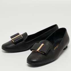 Pre Owned Salvatore Ferragamo Black Leather Ballet Flats Size 36.5