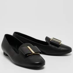 Pre Owned Salvatore Ferragamo Black Leather Ballet Flats Size 36.5