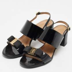 Pre Owned Salvatore Ferragamo Black Patent Leather Vara Bow Block Heel Mules Size 38.5