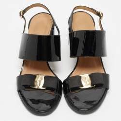 Pre Owned Salvatore Ferragamo Black Patent Leather Vara Bow Block Heel Mules Size 38.5