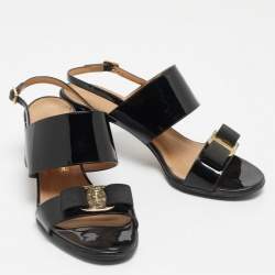 Pre Owned Salvatore Ferragamo Black Patent Leather Vara Bow Block Heel Mules Size 38.5