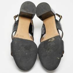 Pre Owned Salvatore Ferragamo Black Patent Leather Vara Bow Block Heel Mules Size 38.5