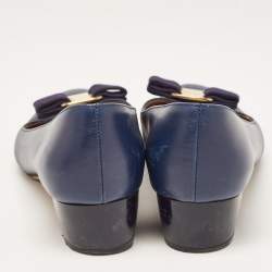 Pre Owned Salvatore Ferragamo Navy Blue Leather Vara Bow Pumps Size 39