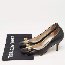 Pre Owned Salvatore Ferragamo Black Leather Studded Vara Bow Pumps Size 36