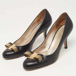 Pre Owned Salvatore Ferragamo Black Leather Studded Vara Bow Pumps Size 36