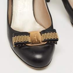 Pre Owned Salvatore Ferragamo Black Leather Studded Vara Bow Pumps Size 36