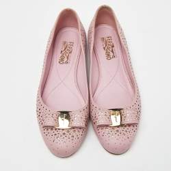 Pre Owned Salvatore Ferrgamo Pink Laser Cut Leather Vara Bow Ballet Flat Size 40