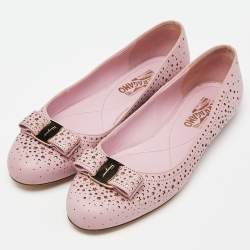 Pre Owned Salvatore Ferrgamo Pink Laser Cut Leather Vara Bow Ballet Flat Size 40