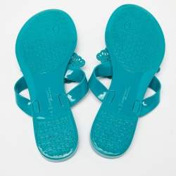 Pre Owned Salvatore Ferragamo Turquoise Leather Laser Cut Bow Thong Flat Slides Size 37.5