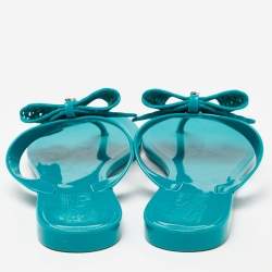 Pre Owned Salvatore Ferragamo Turquoise Leather Laser Cut Bow Thong Flat Slides Size 37.5