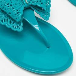 Pre Owned Salvatore Ferragamo Turquoise Leather Laser Cut Bow Thong Flat Slides Size 37.5