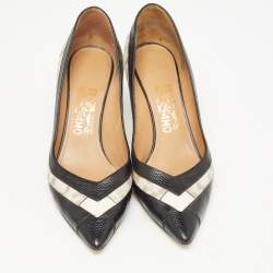 Salvatore Ferragamo Black/White Textured Leather Pointed Toe Pumps Size 38.5 