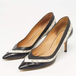 Salvatore Ferragamo Black/White Textured Leather Pointed Toe Pumps Size 38.5 