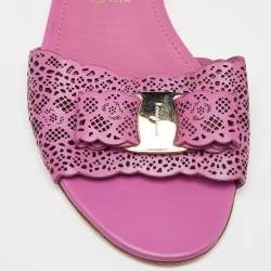 Pre Owned Salvatore Ferragamo Pink Laser Cut Leather Gil Flat Slide Sandals Size 38.5