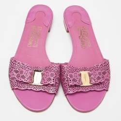 Salvatore Ferragamo Pink Laser Cut Leather Gil Flat Slide Sandals Size 38.5