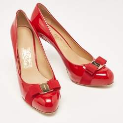 Pre Owned Salvatore Ferragamo Red Patent Leather Vara Bow Pumps Size 41