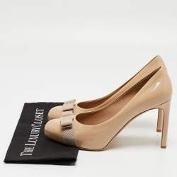 Pre Owned Salvatore Ferragamo Beige Patent Leather Vara Bow Pumps Size 41