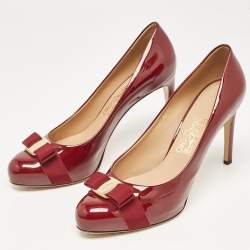 Pre Owned Salvatore Ferragamo Burgundy Patent Leather Vara Bow Pumps Size 41