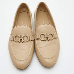 Pre Owned Salvatore Ferragamo Beige Leather Trifoglio Smoking Slippers Size 40.5