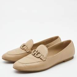 Pre Owned Salvatore Ferragamo Beige Leather Trifoglio Smoking Slippers Size 40.5