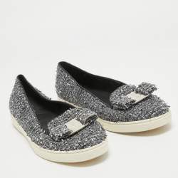 Salvatore Ferragamo Silver Tweed Bow Slip On Sneakers Size 41.5