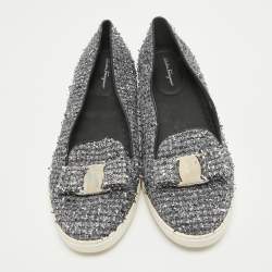 Salvatore Ferragamo Silver Tweed Bow Slip On Sneakers Size 41.5