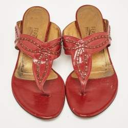 Pre Owned Salvatore Ferragamo Burgundy Patent Leather Slide Sandals Size 41.5