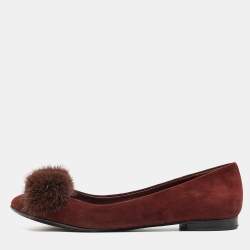 Salvatore Ferragamo Burgundy Suede Varina Mink Bow Ballet Flats Size 37.5