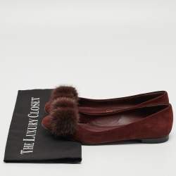 Salvatore Ferragamo Burgundy Suede Varina Mink Bow Ballet Flats Size 37.5