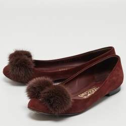 Salvatore Ferragamo Burgundy Suede Varina Mink Bow Ballet Flats Size 37.5