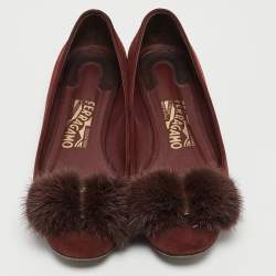 Salvatore Ferragamo Burgundy Suede Varina Mink Bow Ballet Flats Size 37.5