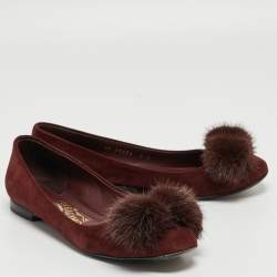 Salvatore Ferragamo Burgundy Suede Varina Mink Bow Ballet Flats Size 37.5