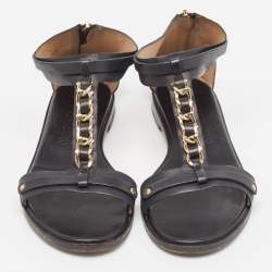 Salvatore Ferragamo Black Leather T Chan Detail Flat Sandals Size 39.5