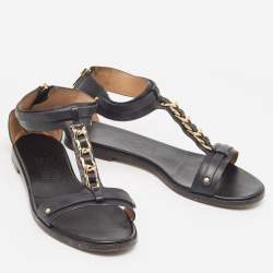 Salvatore Ferragamo Black Leather T Chan Detail Flat Sandals Size 39.5