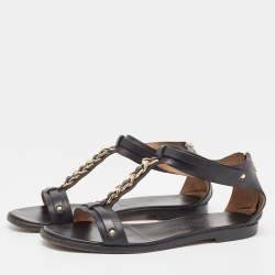 Salvatore Ferragamo Black Leather T Chan Detail Flat Sandals Size 39.5