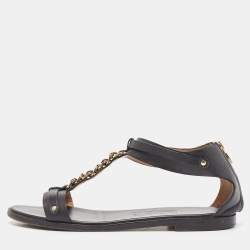 Salvatore Ferragamo Black Leather T Chan Detail Flat Sandals Size 39.5