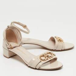 Salvatore Ferragamo Cream Patent Leather Como Ankle Strap Sandals Size 37.5