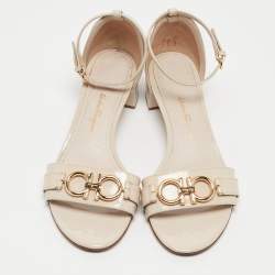 Salvatore Ferragamo Cream Patent Leather Como Ankle Strap Sandals Size 37.5