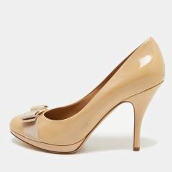 Pre Owned Salvatore Ferragamo Beige Patent Leather Vara Bow Pumps Size 39.5