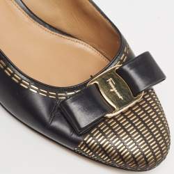 Pre Owned Salvatore Ferragamo Black Leather Vara Stitch Block Heel Pumps Size 39.5