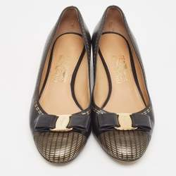 Pre Owned Salvatore Ferragamo Black Leather Vara Stitch Block Heel Pumps Size 39.5